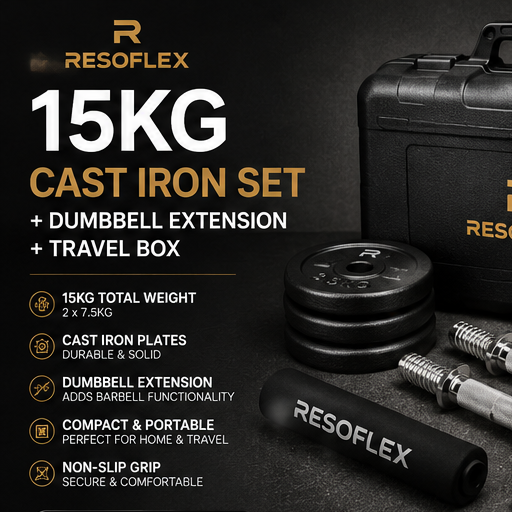 ResoFlex 15kg Cast Iron Set + Dumbbell Extension + Travel Box - HERO